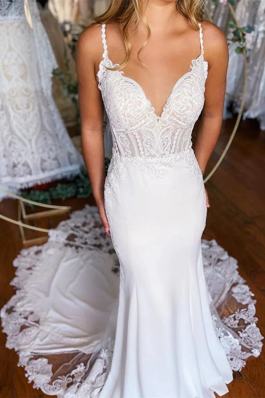 Sexy Long Mermaid Spaghetti Straps Lace Backless Wedding Dress With Train by misshow.com