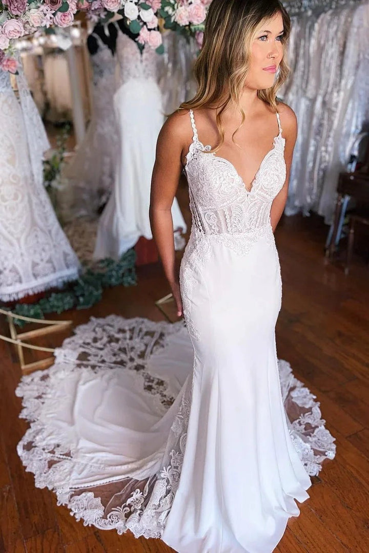 Sexy Long Mermaid Spaghetti Straps Lace Backless Wedding Dress With Train by misshow.com