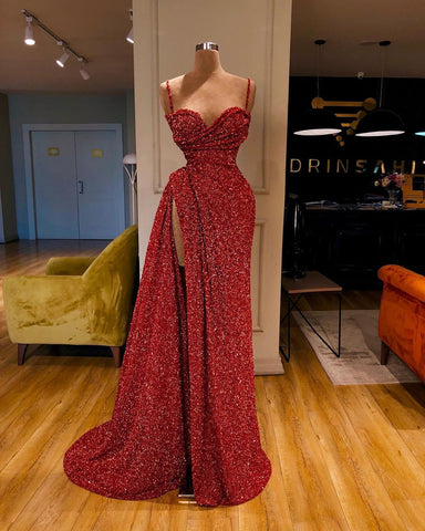 Sexy Long Mermaid Spaghetti Straps Sequins Prom Dress With Slit