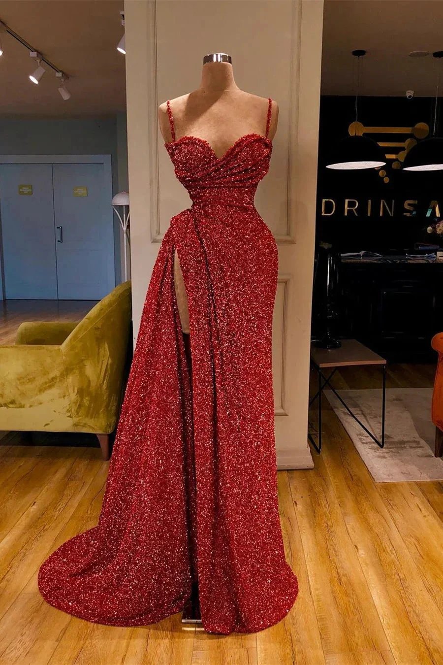 Sexy Long Mermaid Spaghetti Straps Sequins Prom Dress With Slit by misshow.com