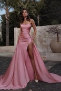 Sexy Long Mermaid Strapless Ruched Satin Formal Prom Dress with Slit by BIZTUNNEL