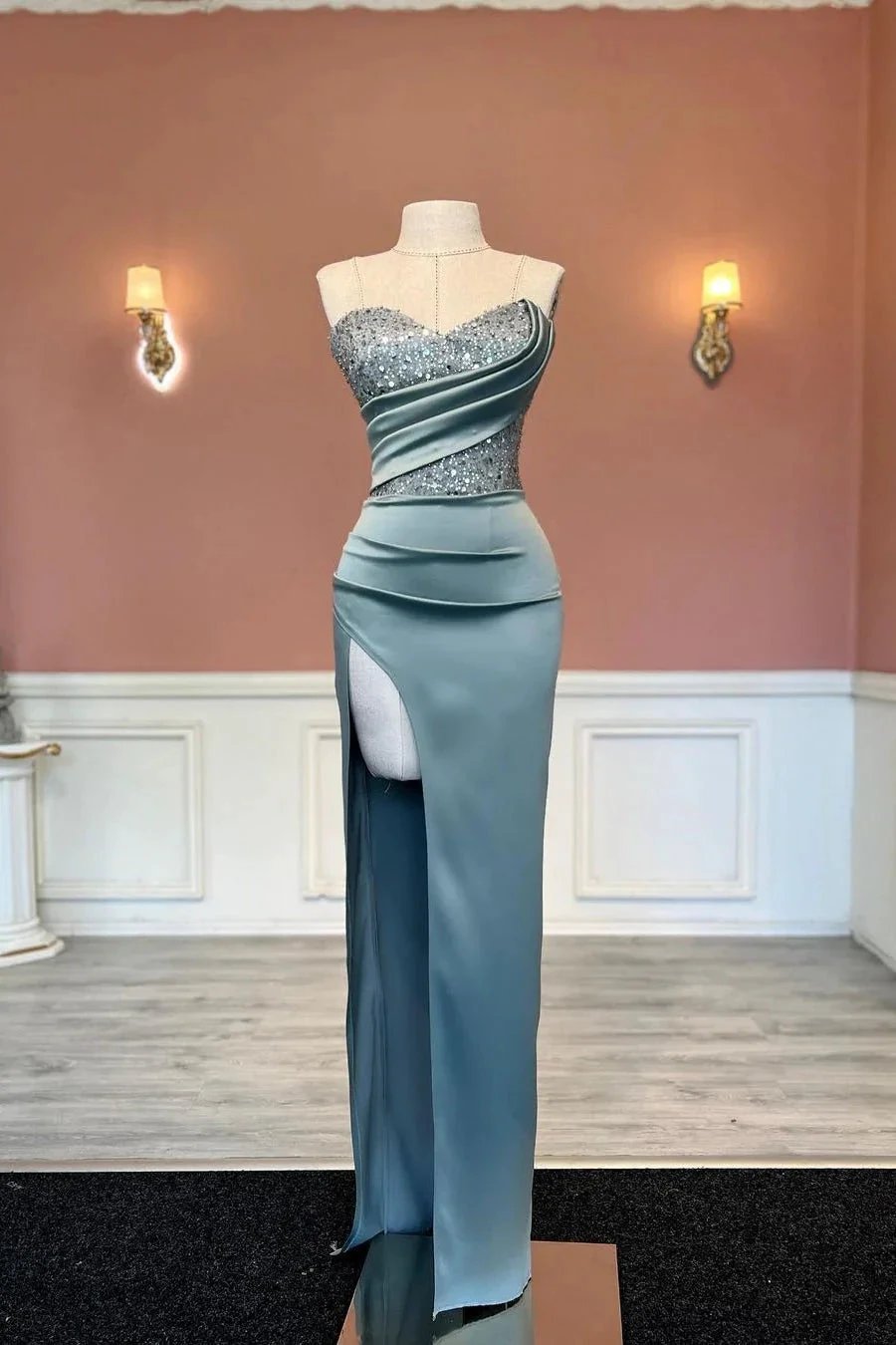 Sexy Long Mermaid Strapless Sequined Beading Prom Dress With Slit by misshow.com