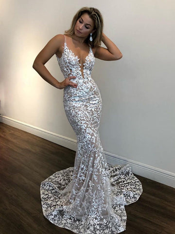 Sexy Long Mermaid V-neck Lace Formal Graduation Evening Prom Dresses