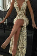 Sexy Long Mermaid V-neck Lace Prom Dress With Slit by BIZTUNNEL