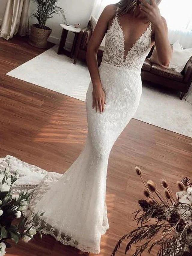 Sexy Long Mermaid V-neck Lace Tulle Wedding Dresses by BIZTUNNEL