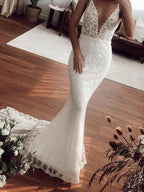 Sexy Long Mermaid V-neck Lace Tulle Wedding Dresses by BIZTUNNEL