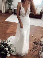 Sexy Long Mermaid V-neck Lace Tulle Wedding Dresses by BIZTUNNEL