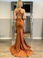 Sexy Long Mermaid V-neck Satin Open Back Graduation Formal Prom Dresses by BIZTUNNEL