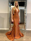 Sexy Long Mermaid V-neck Satin Open Back Graduation Formal Prom Dresses by BIZTUNNEL
