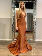 Sexy Long Mermaid V-neck Satin Open Back Graduation Formal Prom Dresses by BIZTUNNEL