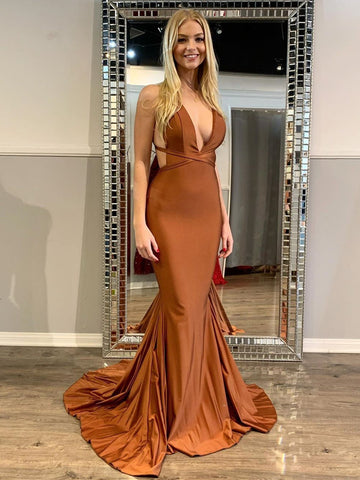 Vestidos de graduación formales de satén con escote en V y espalda abierta, de sirena, sexys