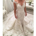 Sexy Long Mermaid V-neck Spaghetti Straps Appliques Lace Wedding Dress by BIZTUNNEL