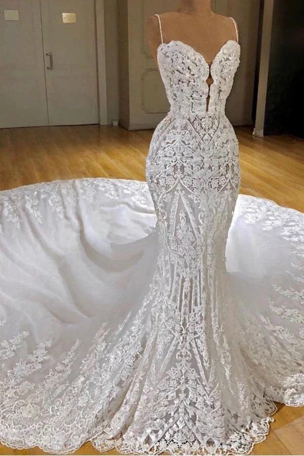 Sexy Long Mermaid V-neck Spaghetti Straps Appliques Lace Wedding Dress by BIZTUNNEL