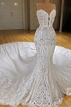 Sexy Long Mermaid V-neck Spaghetti Straps Appliques Lace Wedding Dress by BIZTUNNEL