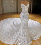Sexy Long Mermaid V-neck Spaghetti Straps Appliques Lace Wedding Dress by BIZTUNNEL