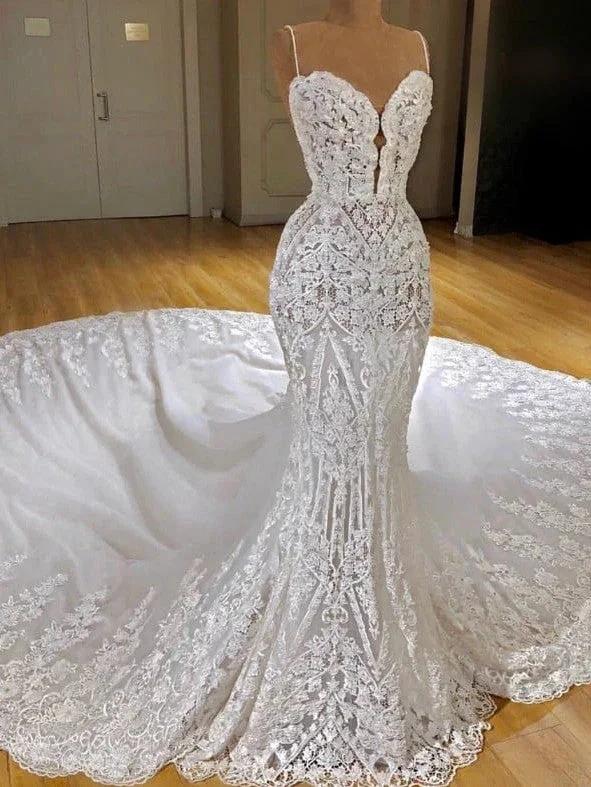 Sexy Long Mermaid V-neck Spaghetti Straps Appliques Lace Wedding Dress by BIZTUNNEL