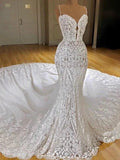 Sexy Long Mermaid V-neck Spaghetti Straps Appliques Lace Wedding Dress by BIZTUNNEL