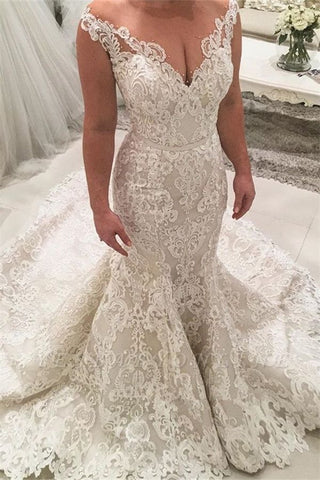 Sexy Long Mermaid V-neck Spaghetti Straps Appliques Lace Wedding Dress
