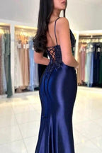 Sexy Long Navy Blue Mermaid V-neck Spaghetti Straps Lace Prom Dress With Slit by misshow.com