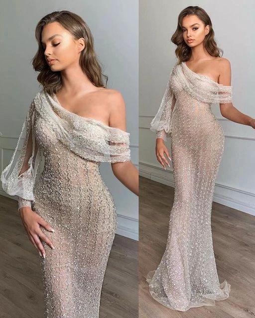 Sexy Long One Shoulder Sequins Mermaid Prom Dress With Puffy Sleeves by BIZTUNNEL