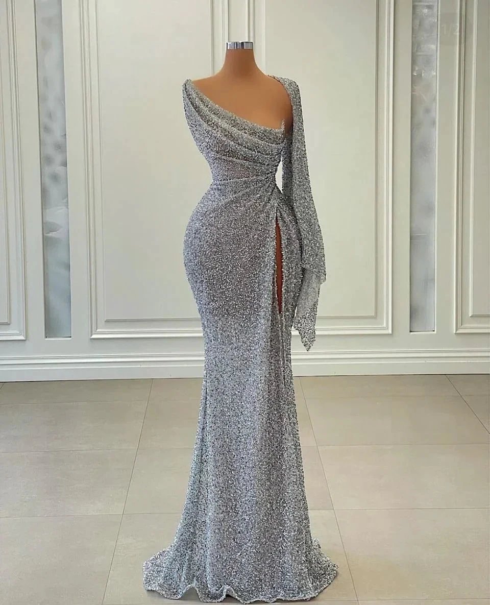 Sexy Long One Shoulder Sequins Slit Prom Dress Mermaid by misshow.com