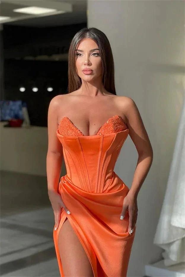 Sexy Long Orange V-neck Sequined Sleeveless Prom Dress With Slit by misshow.com