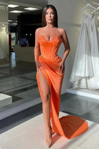 Sexy Long Orange V-neck Sequined Sleeveless Prom Dress With Slit by misshow.com