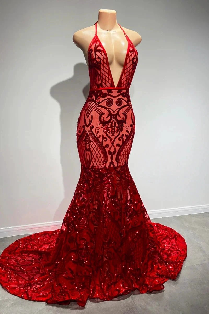 Sexy Long Red Halter Backless V-neck Lace Sleeveless Mermaid Prom Dress by misshow.com