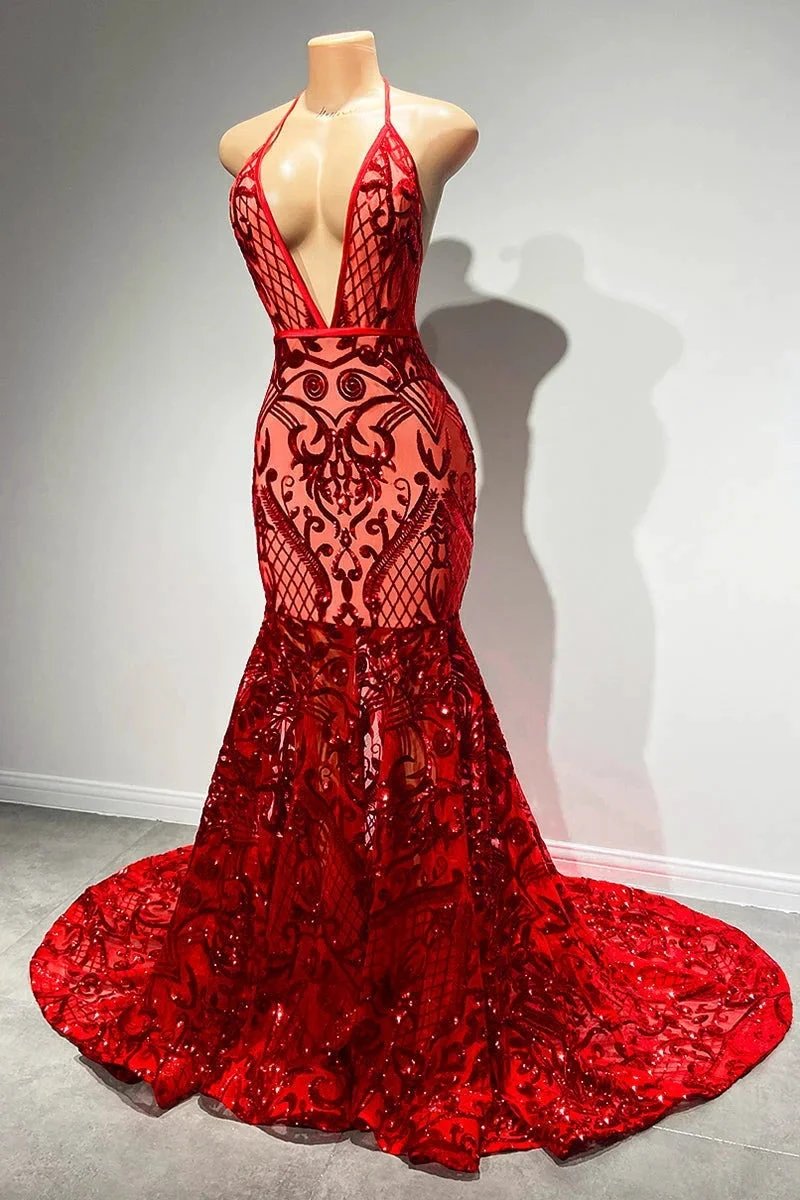 Sexy Long Red Halter Backless V-neck Lace Sleeveless Mermaid Prom Dress by misshow.com