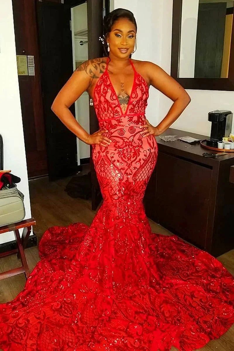 Sexy Long Red Halter Backless V-neck Lace Sleeveless Mermaid Prom Dress by misshow.com