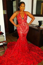 Sexy Long Red Halter Backless V-neck Lace Sleeveless Mermaid Prom Dress by misshow.com