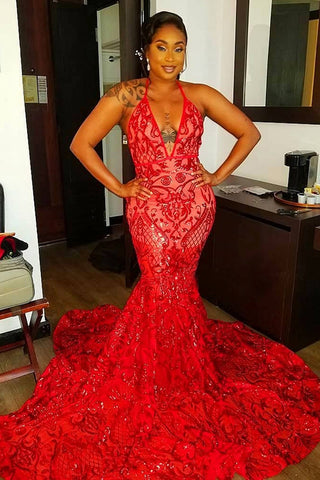 Sexy Long Red Halter Backless V-neck Lace Sleeveless Mermaid Prom Dress