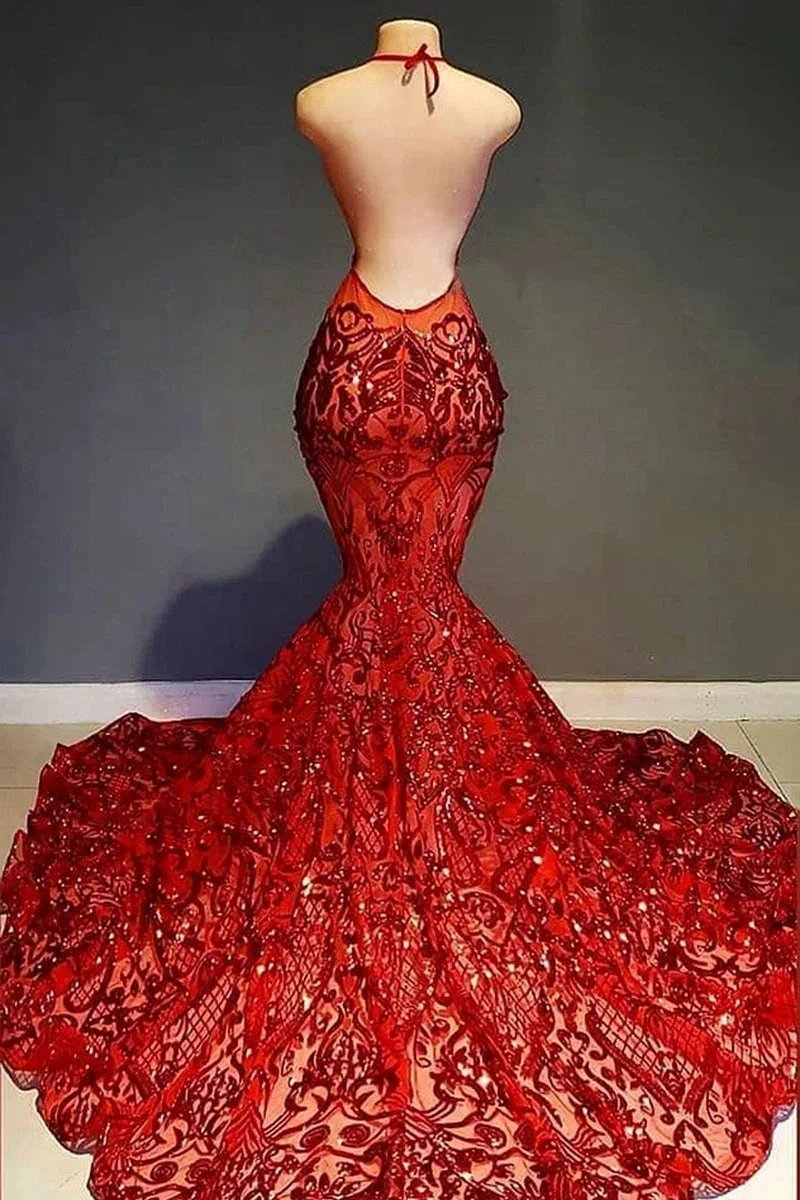 Sexy Long Red Halter Backless V-neck Lace Sleeveless Mermaid Prom Dress by misshow.com