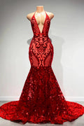 Sexy Long Red Halter Backless V-neck Lace Sleeveless Mermaid Prom Dress by misshow.com