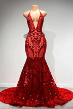 Sexy Long Red Halter Backless V-neck Lace Sleeveless Mermaid Prom Dress by misshow.com
