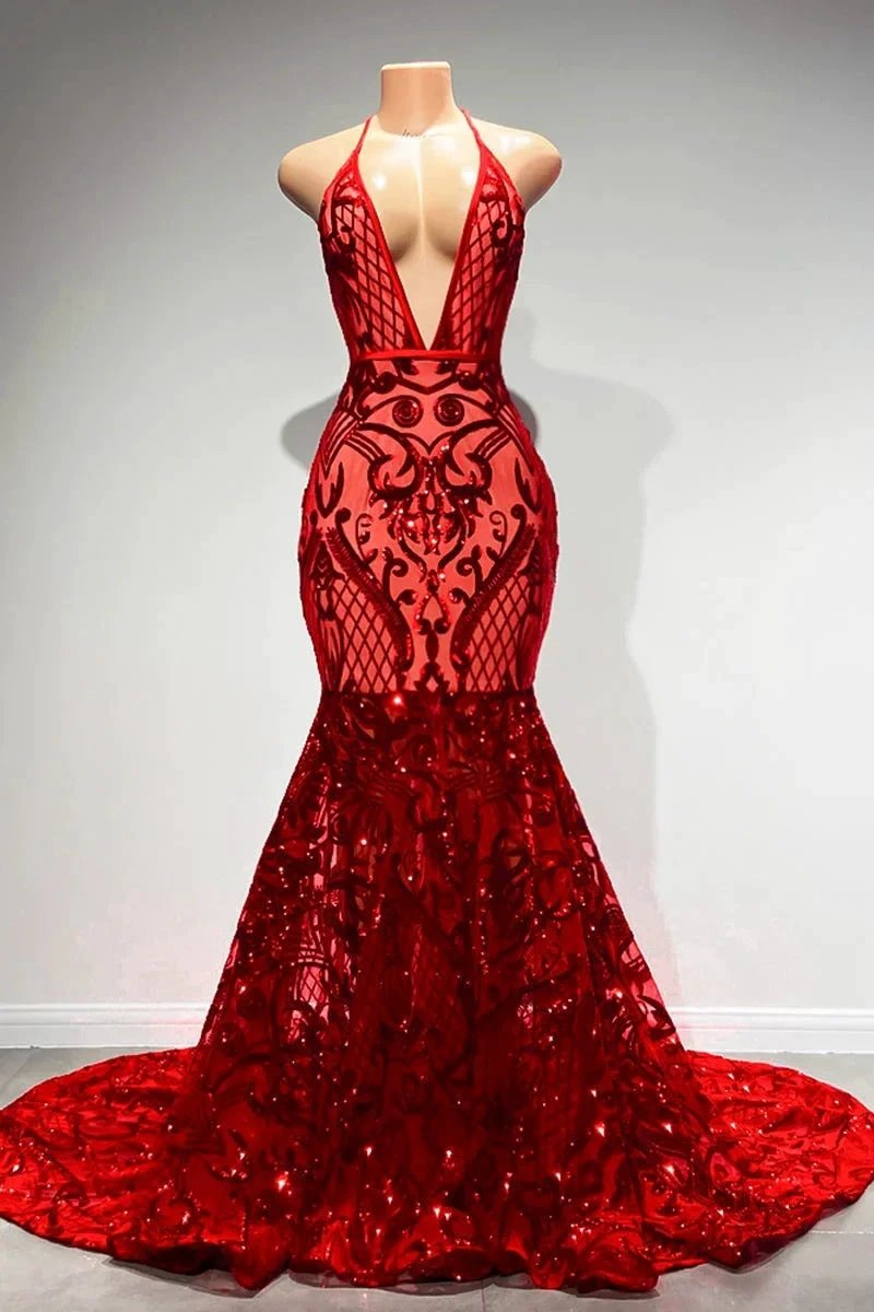 Sexy Long Red Halter Backless V-neck Lace Sleeveless Mermaid Prom Dress by misshow.com