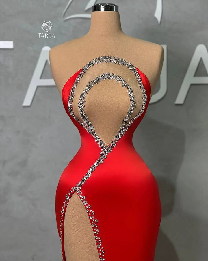 Sexy Long Red Mermaid Beading Sleeveless Prom Dress With Slit by misshow.com