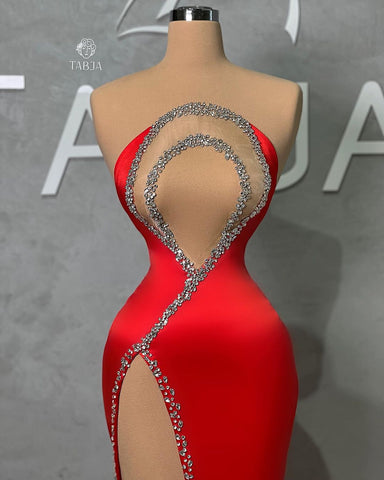 Sexy Long Red Mermaid Beading Sleeveless Prom Dress With Slit