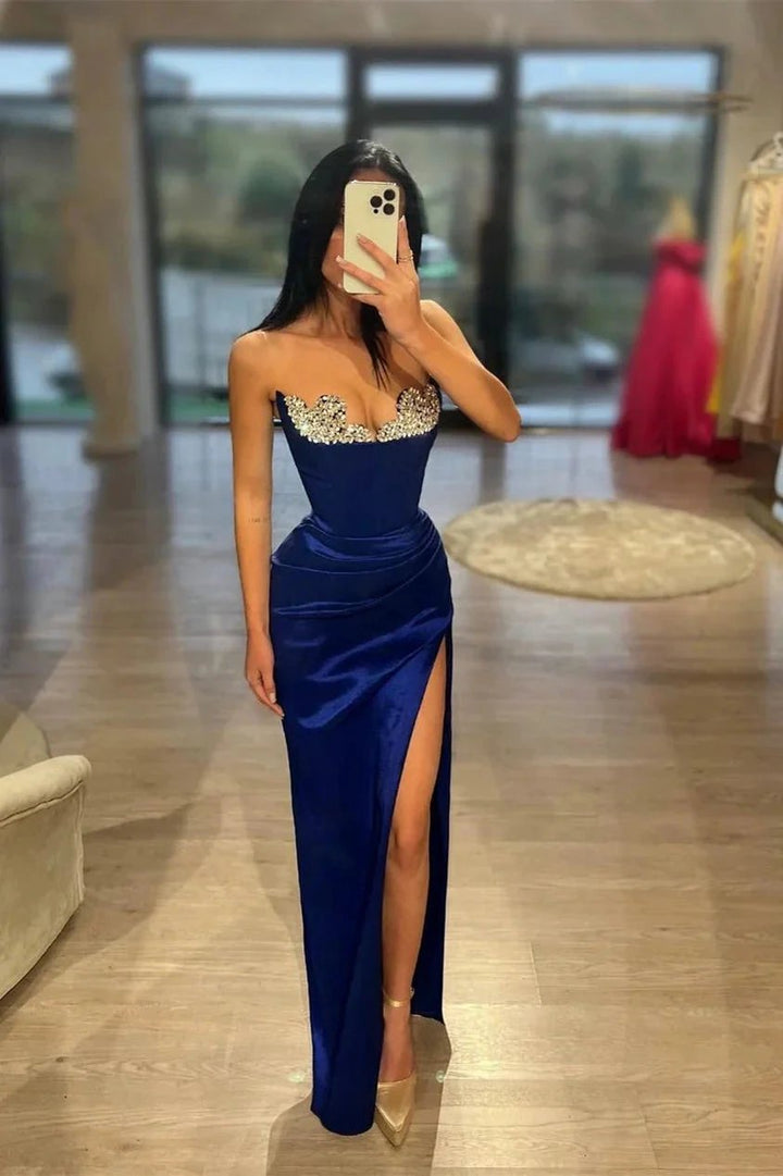 Sexy Long Royal Blue Column Sleeveless Rhinestones Prom Dress With Slit by misshow.com