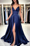 Sexy Long Simple Navy Blue Spaghetti Straps Prom dresses with Slit by misshow.com