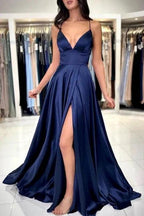 Sexy Long Simple Navy Blue Spaghetti Straps Prom dresses with Slit by misshow.com