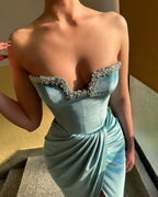 Sexy Long Strapless Crystal Split Front Velvet Prom Dress