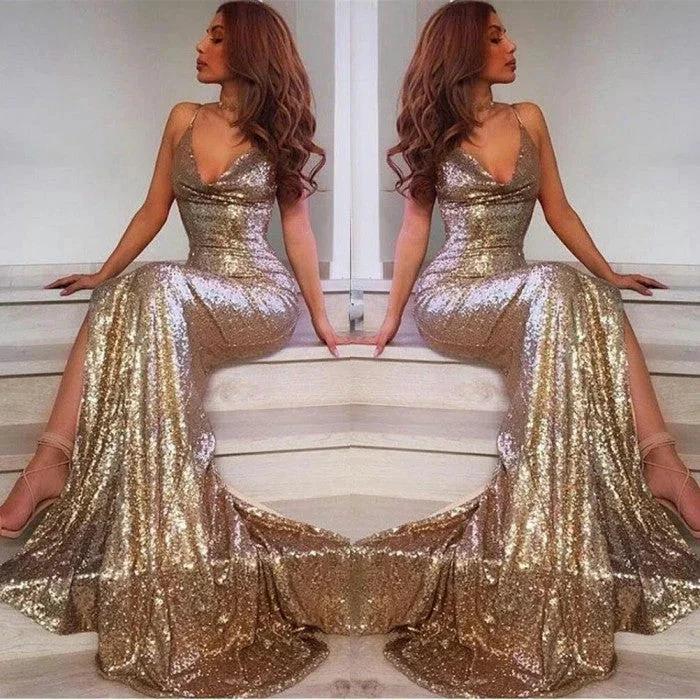 Sexy Long V-neck Open Back Sequins Mermaid Prom Dress with Slit by BIZTUNNEL