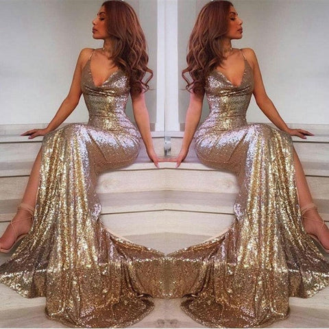 Vestido de fiesta de sirena con escote en V largo, espalda abierta, lentejuelas y abertura, sexy