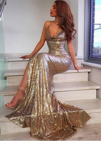 Vestido de fiesta de sirena con escote en V largo, espalda abierta, lentejuelas y abertura, sexy