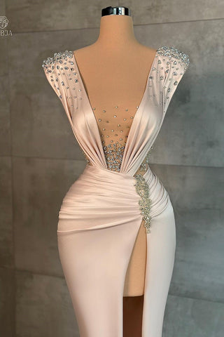 Sexy langes Meerjungfrau-Ballkleid mit V-Ausschnitt, Schlitz vorne und Strass