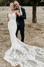 Sexy Long White Spaghetti Straps Mermaid Backless Wedding Dress with Lace by misshow.com