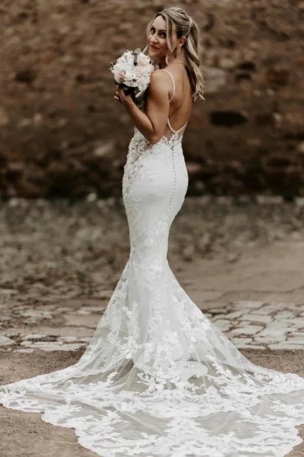 Sexy Long White Spaghetti Straps Mermaid Backless Wedding Dress with Lace by misshow.com