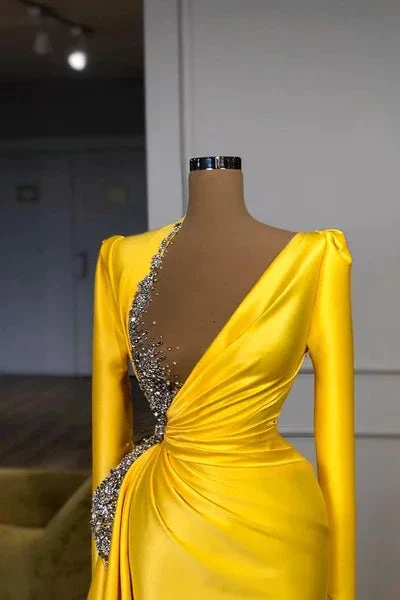 Sexy Long Yellow V-neck Sequined Split Prom Dress With Long Sleeves by misshow.com