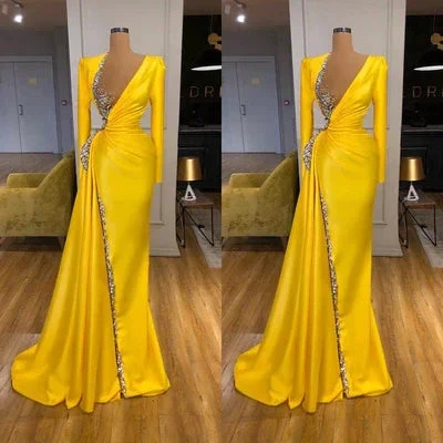 Sexy Long Yellow V-neck Sequined Split Prom Dress With Long Sleeves by misshow.com